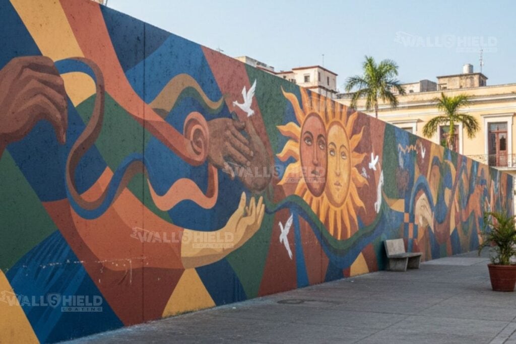 Mural artístico pintado en barda exterior.