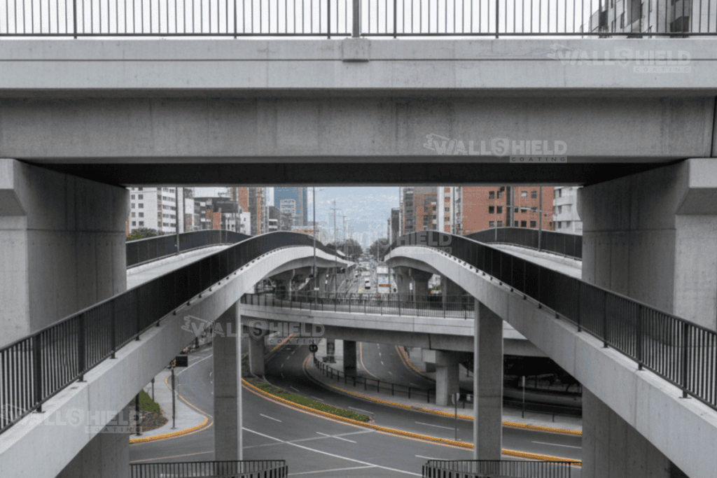 Infraestructura urbana en ciudad latinoamericana con muros y mobiliario público protegidos contra graffiti, en entorno de alto tránsito peatonal.