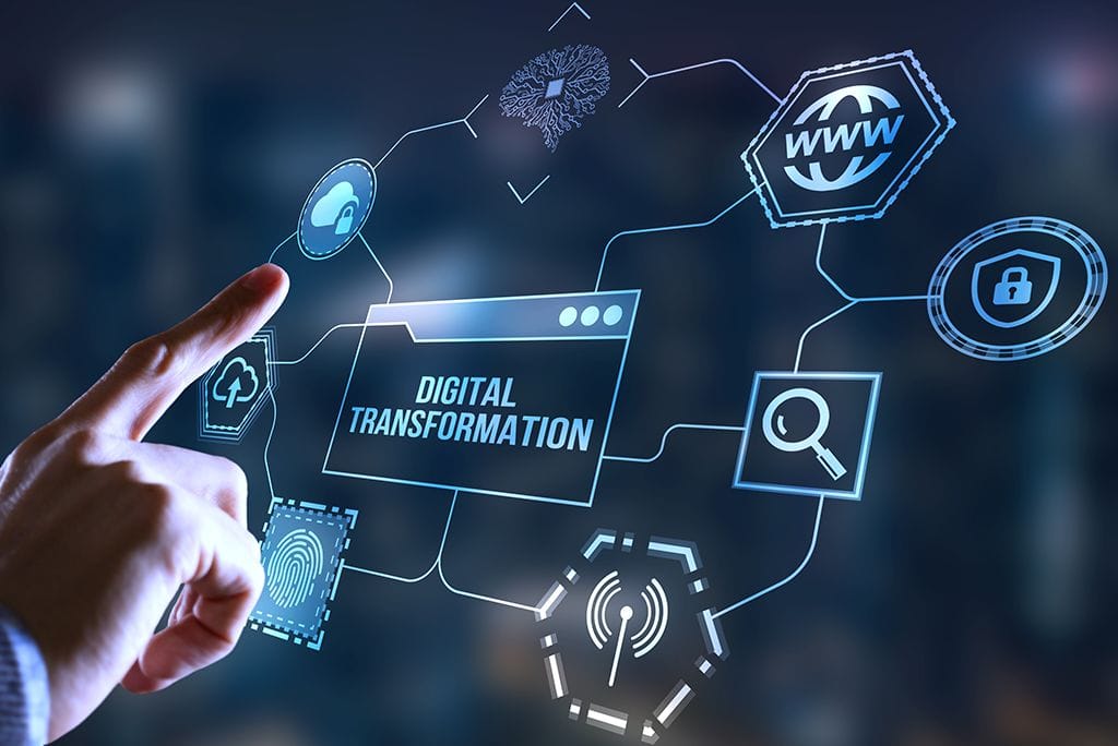 Digital transformation solutions connecting cloud technology, websites, cybersecurity, AI and digital systems for businesses.