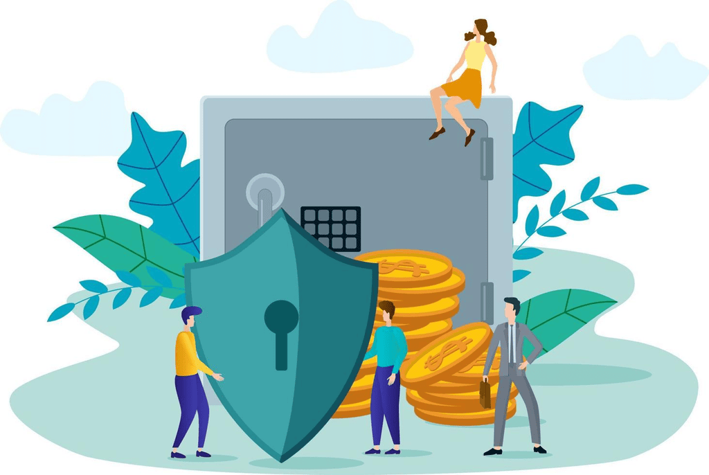 Illustration of deposit insurance showing a large safe protecting money, with coins and people representing financial security and protected savings.