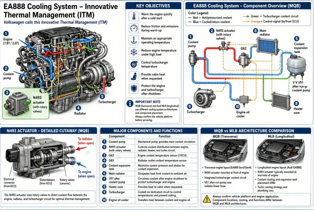 Infographic explaining Volkswagen EA888 Innovative Thermal Management (ITM). Left side shows a labeled engine with N493 actuator highlighted. Center schematic displays color-coded coolant circuits (red hot, blue cooled, green turbo, orange control signals) with numbered components. Bottom left is a detailed cutaway of the N493 rotary-valve actuator. Includes key objectives list, major components table, and MQB versus MLB architecture comparison.