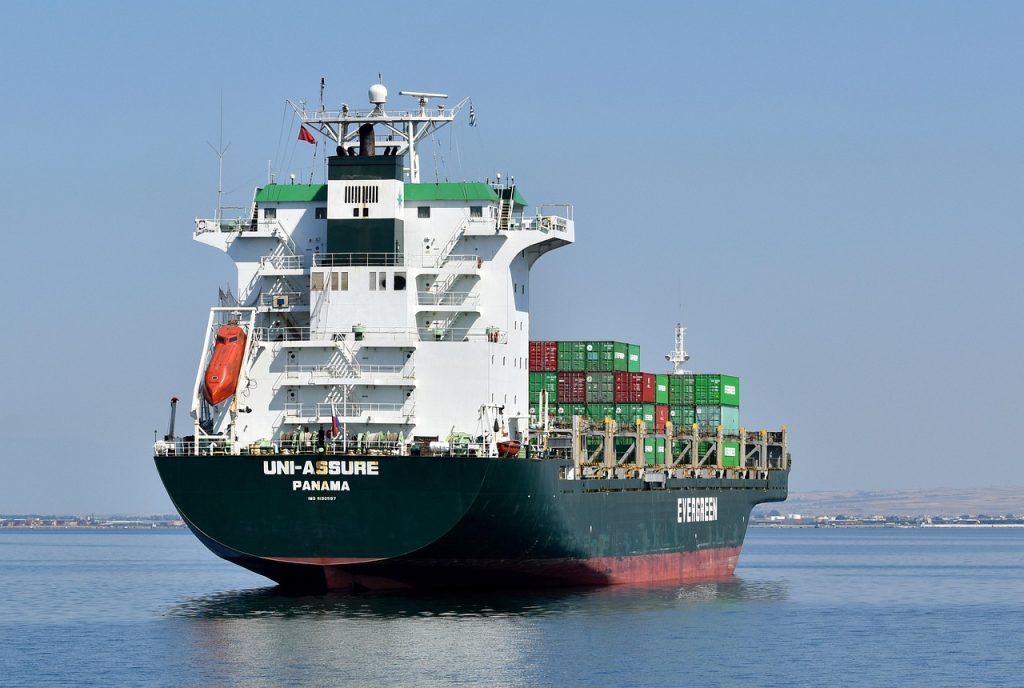 ship, cargo, vessel, container, industry, transport, sea, export, trade, boat, green, sailing, port, thessaloniki, nature, greece