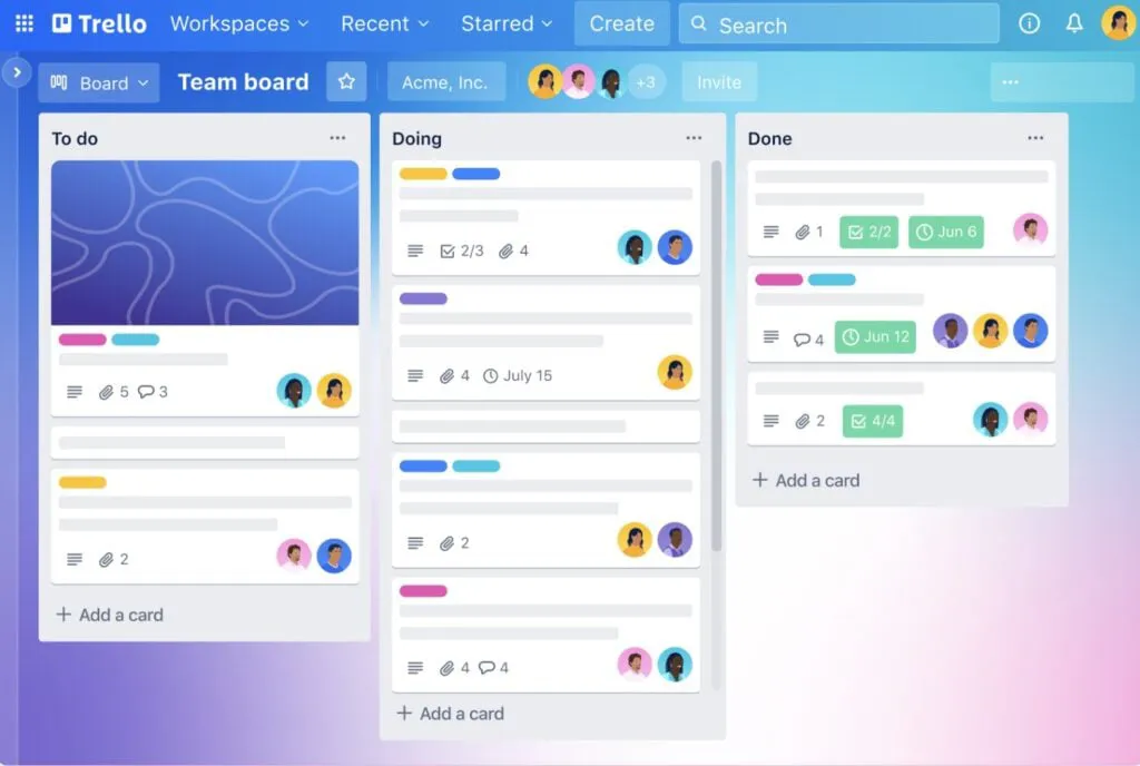 Screenshot of a Trello Kanban board displaying tasks organized into "To Do," "Doing," and "Done" columns, with cards showing progress, due dates, and assigned team members.