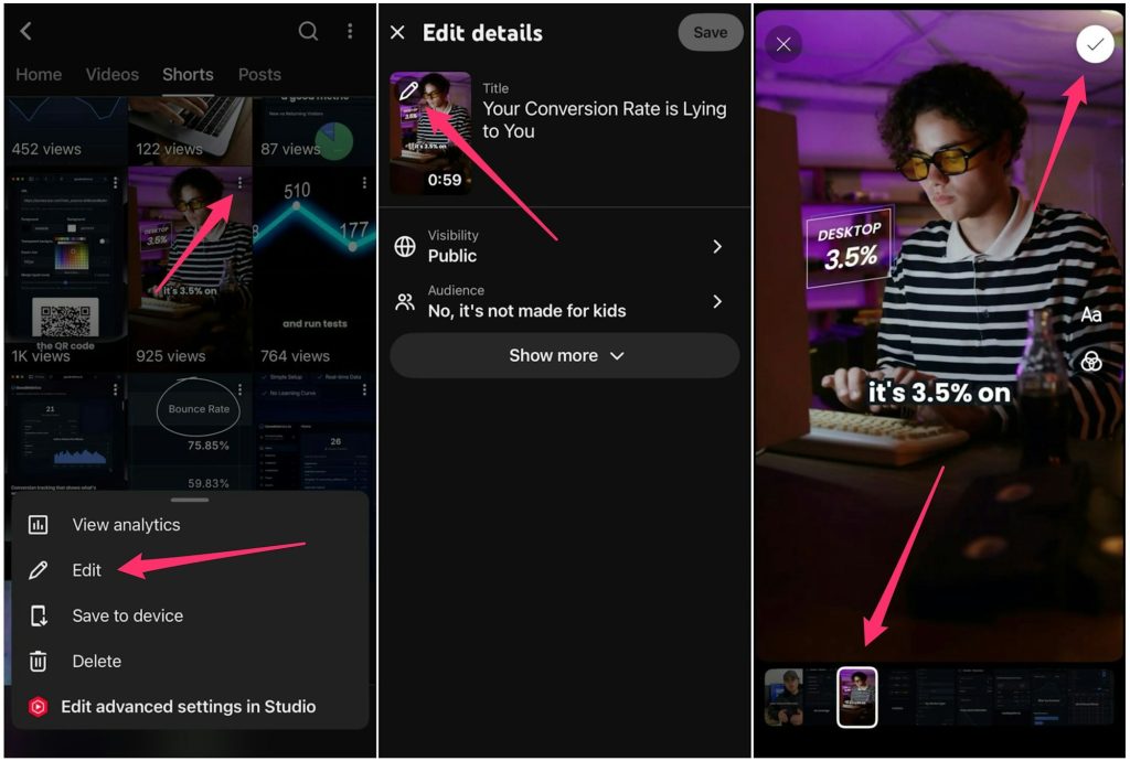 Screenshots showing how to edit a YouTube shorts thumbnail