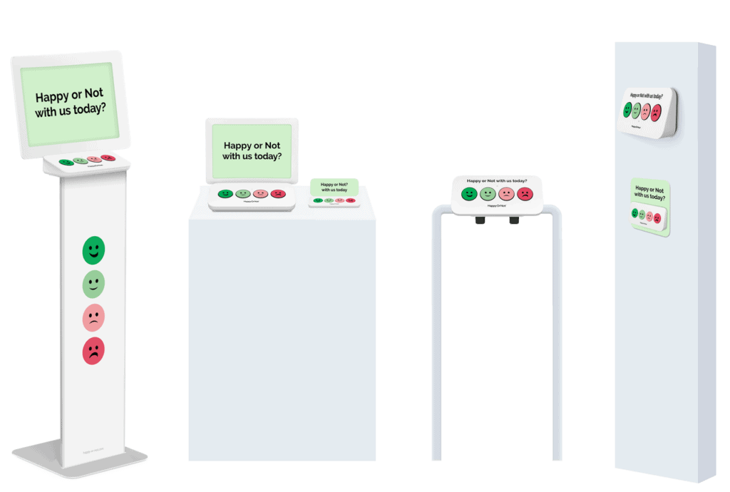 Wer Smiley Terminals mieten möchte, hat die Auswahl aus diesen sechs verschiedenen Formfaktoren. Feedback Buzzers mit Fuß, für den Ladentisch, für die Schiene oder für die Wände.