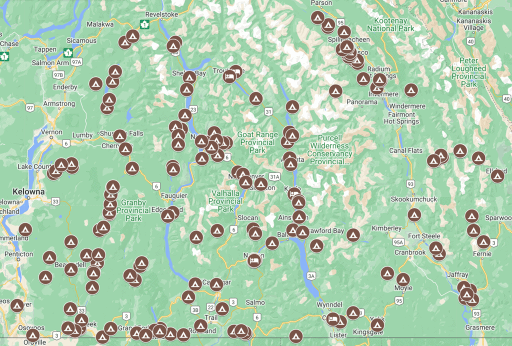 Map of Motorcycle ADV Campsites in BC