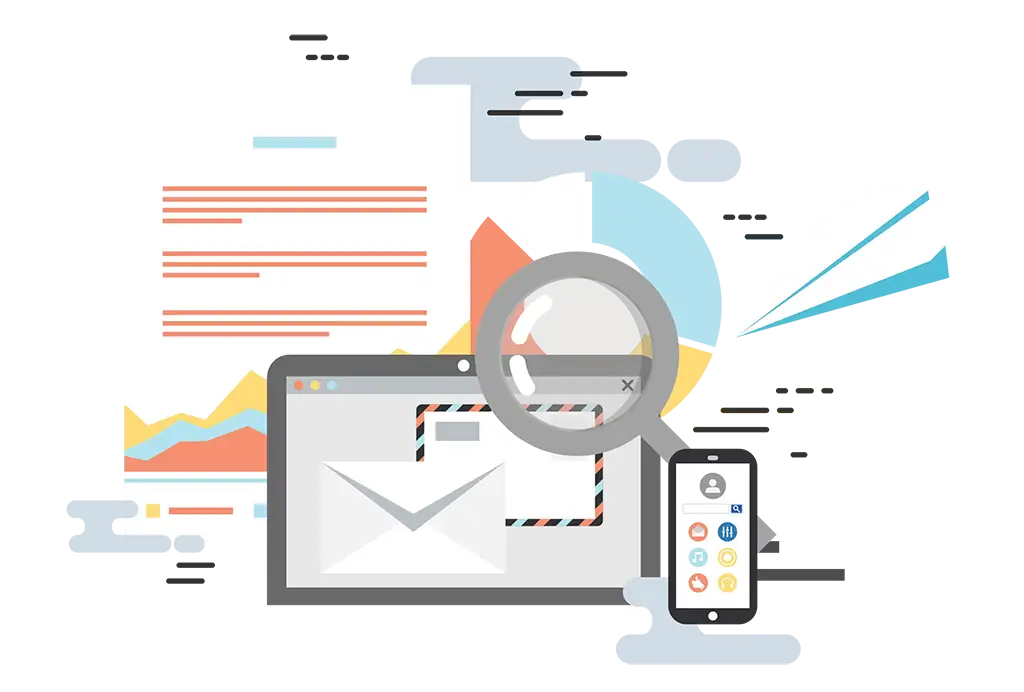 Digital marketing analytics illustration with laptop, email, smartphone, and data charts