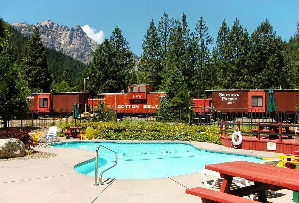 Sleep in a historic train caboose at the Railroad Resort Park in Dunsmuir, California in the shadow of Mount Shasta. There's even a clear, bubbling mountain creek for extra mountainy goodness. Sleep in a historic train caboose at the Railroad Resort Park in Dunsmuir, California in the shadow of Mount Shasta. There's even a clear, bubbling mountain creek for extra mountainy goodness.