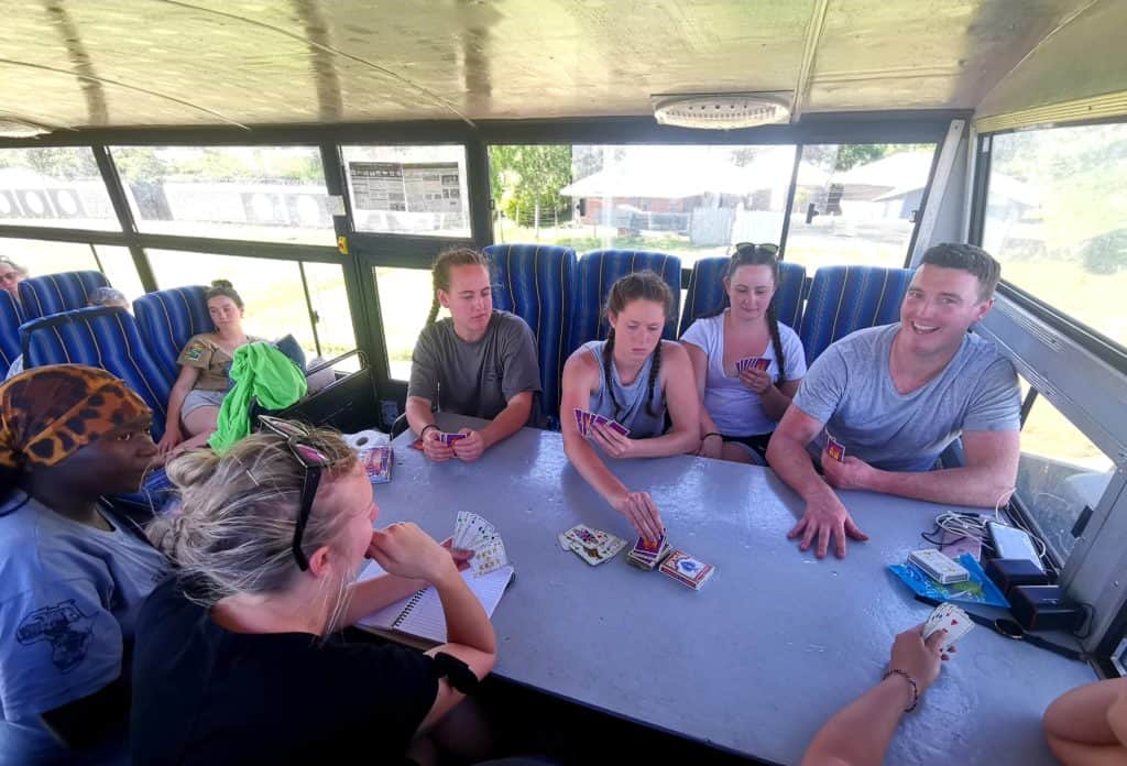 Playing cards in overland truck