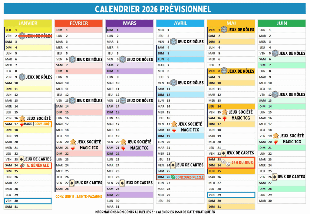 Calendrier premier semestre 2026