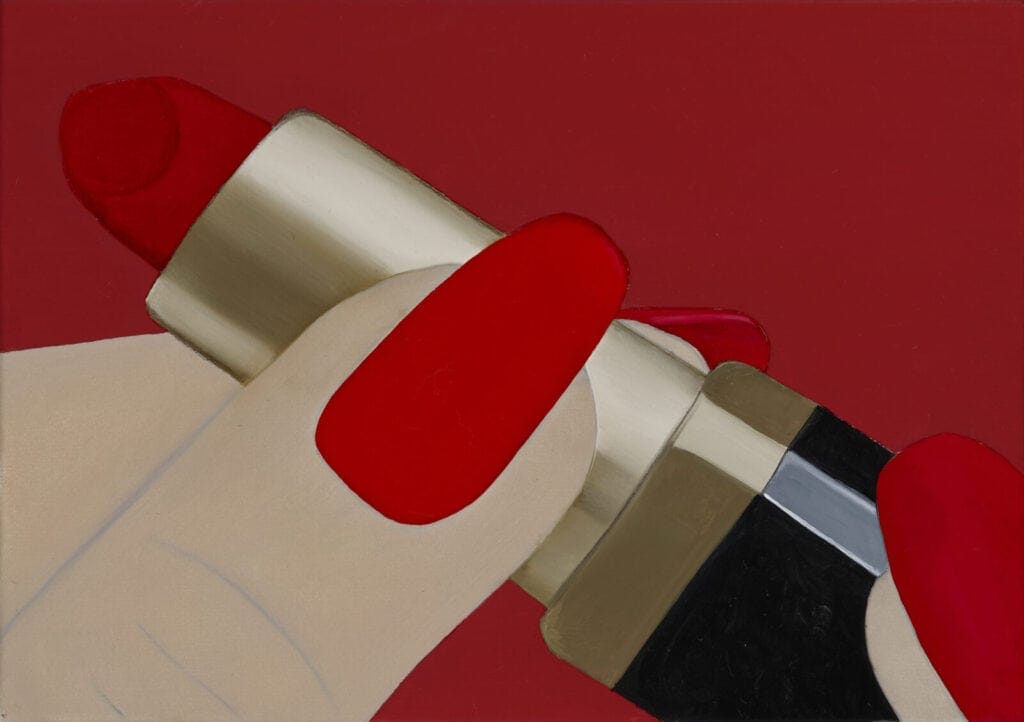 Lize Bertelli's painting showing a hand with red-painted nails holding a tube of red lipstick against a matching red background.