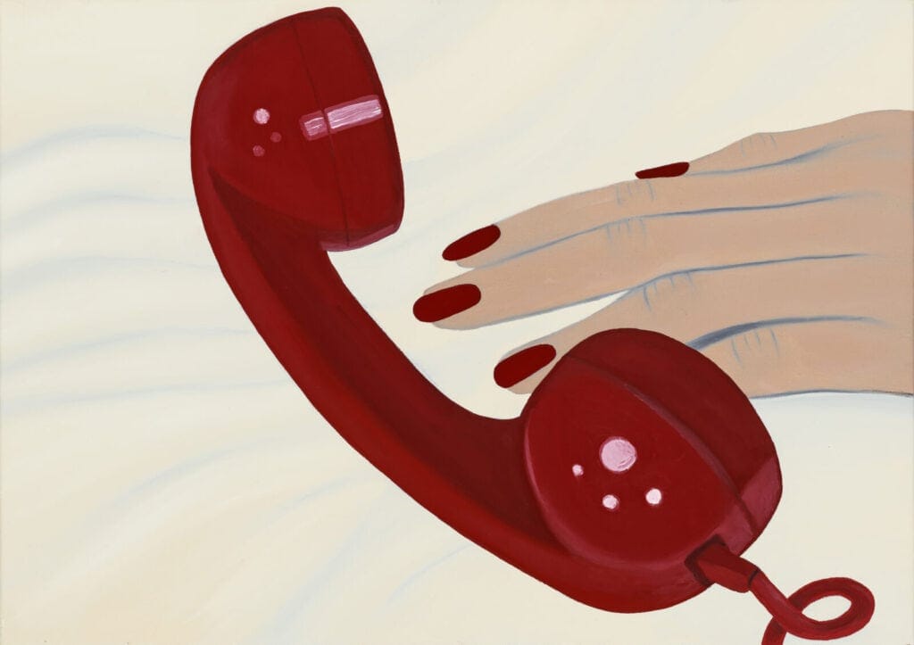 Lize Bertelli's painting showing a painted image of a red rotary phone handset lying on a light surface, next to a hand with long red-painted nails. The colors are bold and the style is minimalist and modern.