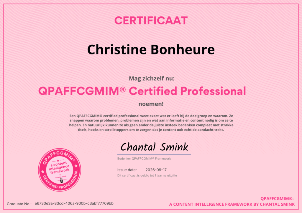Certificaat QPAFFCGMIM® Certified Professional voor Christine Bonheure, uitgereikt door Chantal Smink - dd 17 september 2026