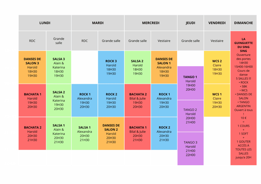 Planning hebdomadaire des cours de danse de l'école Harold Paturet, tous niveaux.