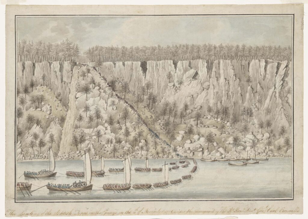 The landing of the British forces in the Jerseys on the 20th of November 1776 under the command of the Rt. Honl. Lieut. Genl. Earl Cornwallis. Drawing by Thomas Davies, 1776. Credit: The New York Public Library