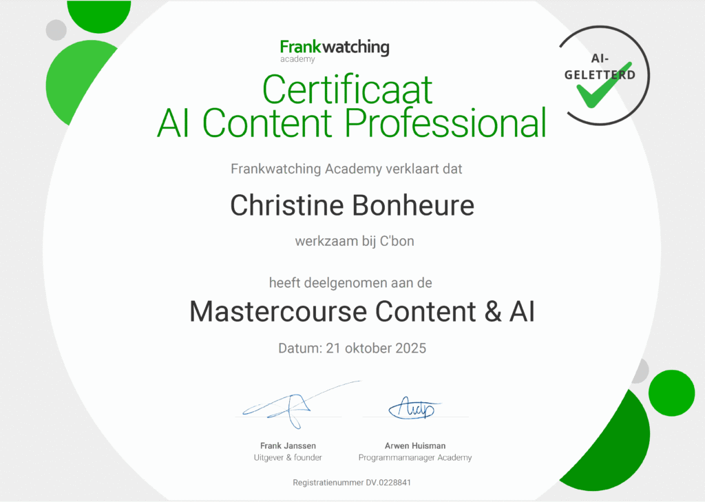 Certificaat van Frankwatching voor Christine Bonheure van C'bon: AI Content Professional