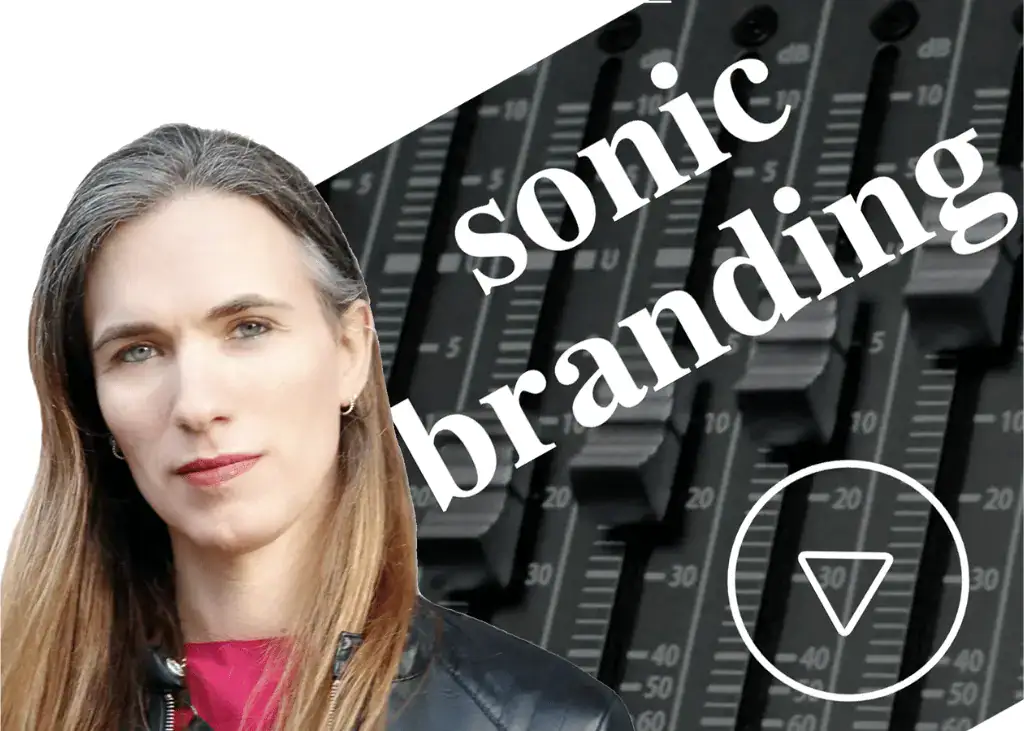 A light skinned woman with long blond hair tucked behind her ear wearing a pink top and black leather jacket next to the phrase "sonic branding"