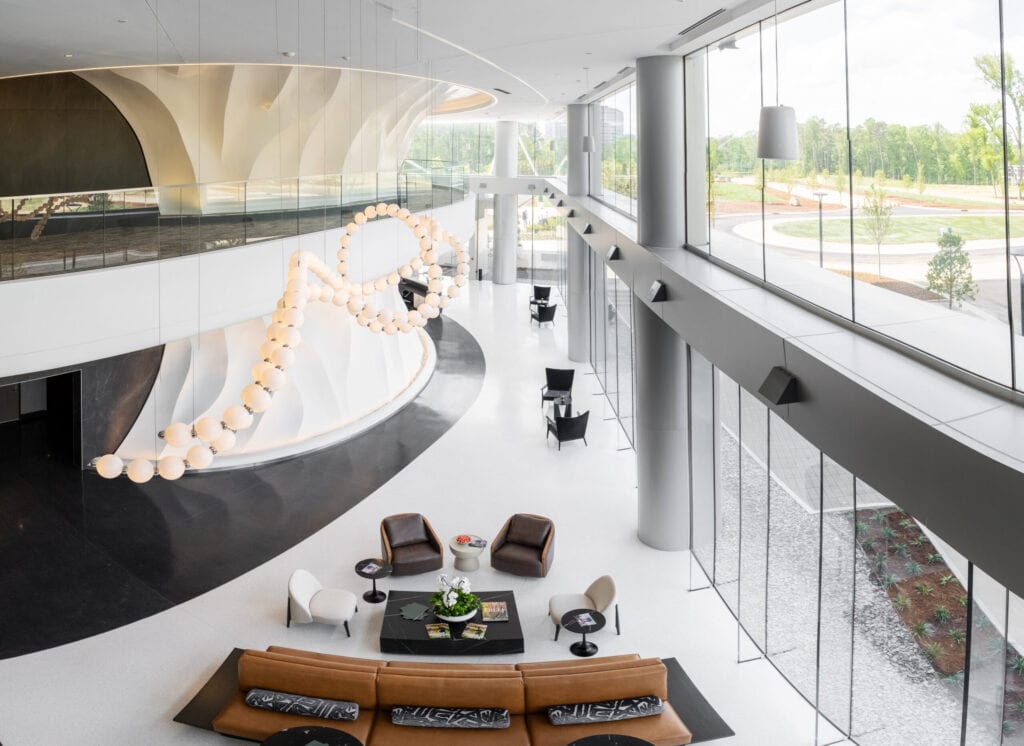 The modern interior of 1000 Social, a luxury office and event space in Raleigh's Midtown East