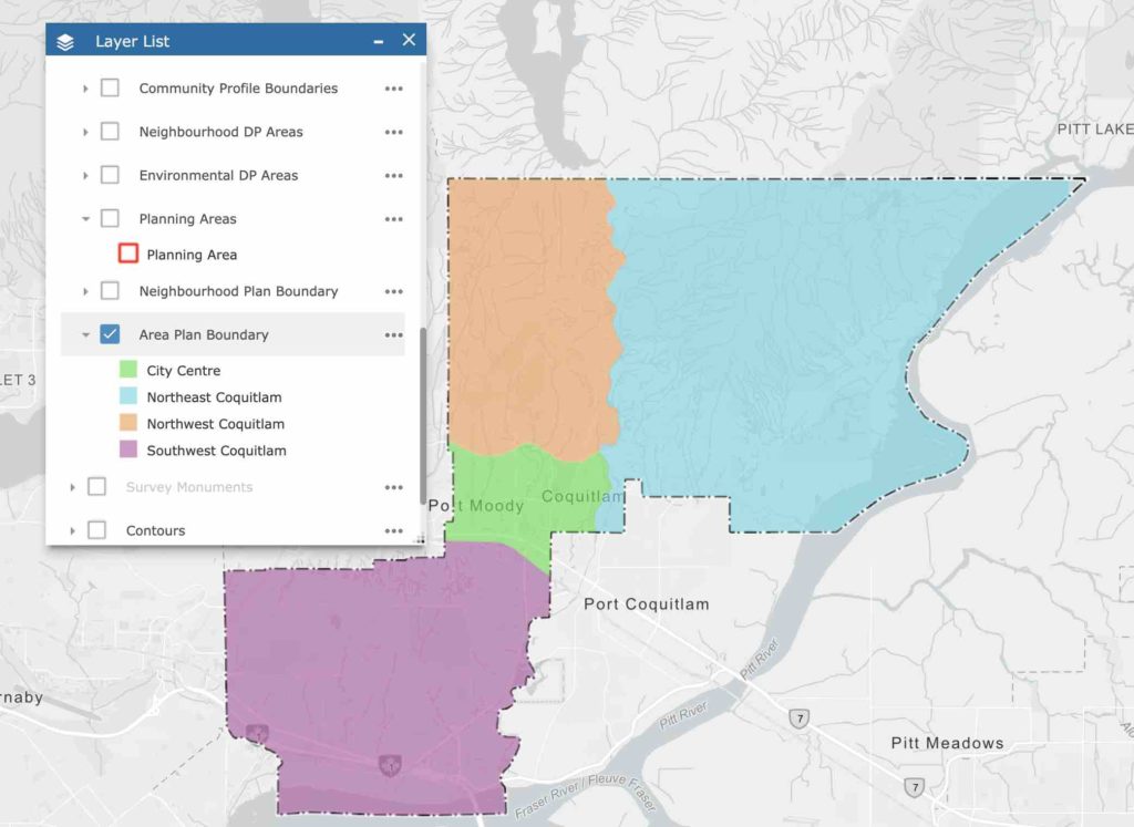 Coquitlam Neighbourhood Guide. Image of Regional Area of Coquitlam; Southwest, City Centre, Northeast, and Northwest Coquitlam.