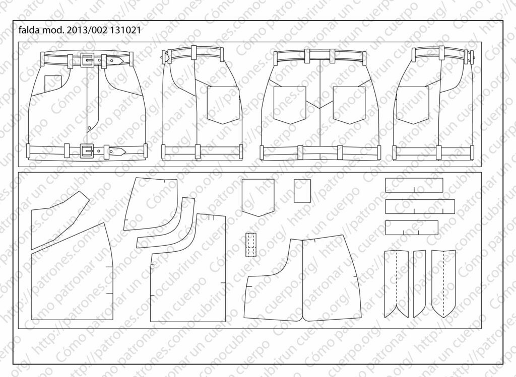 Plano técnico y despiece completo del patrón de falda tejana con canesú, bolsillos, cinturilla y trabillas