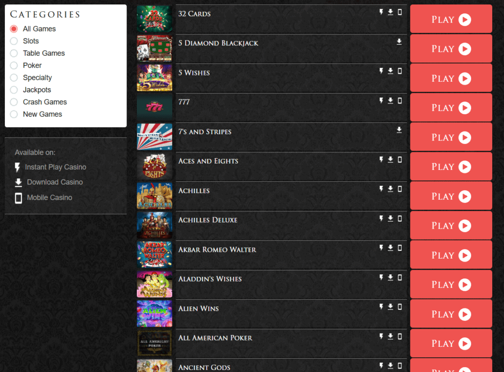 luckyredcasino game selection