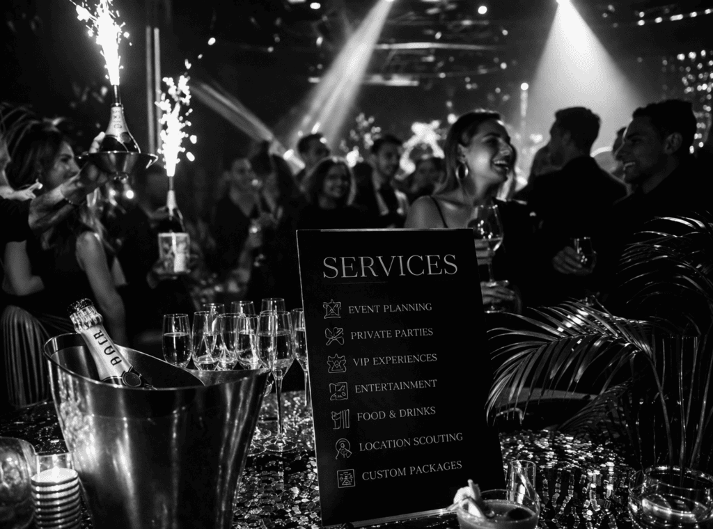 Luxuriöse VIP-Party mit Champagner, funkelnden Lichtern und Event-Service-Angebot in exklusivem Clubambiente
