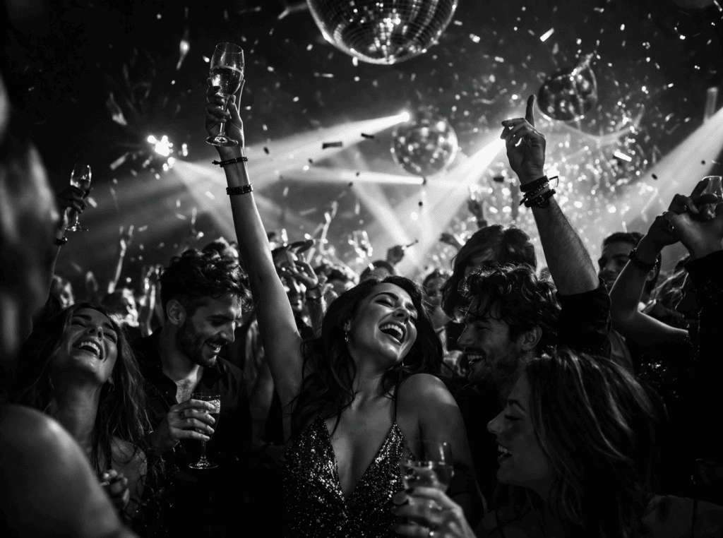 Luxuriöse VIP-Party mit Champagner, funkelnden Lichtern und Event-Service-Angebot in exklusivem Clubambiente