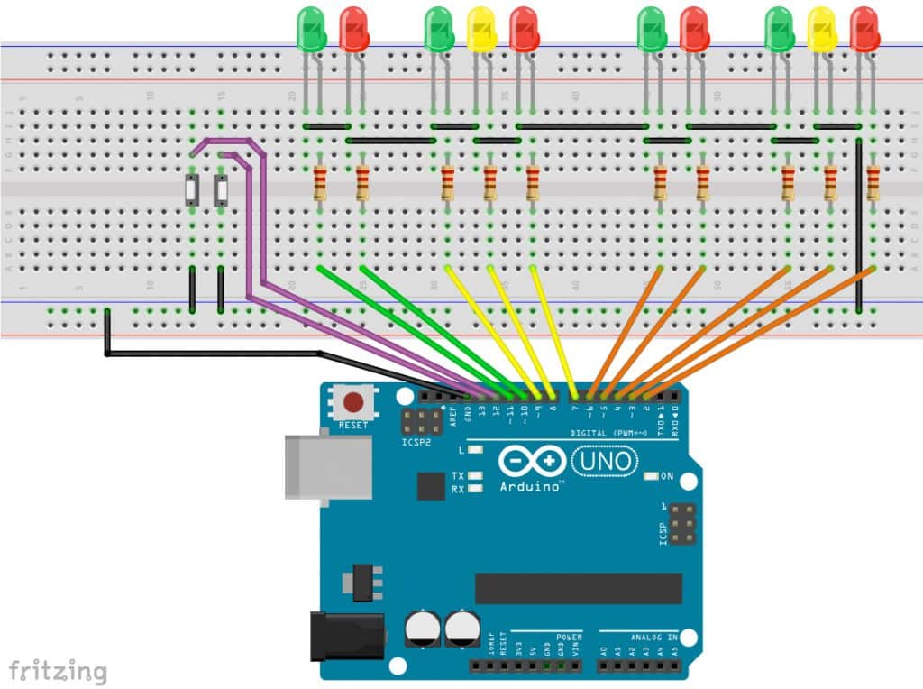 Ampelanlage mit Arduino und Taster, Schalter, Anforderungstaster