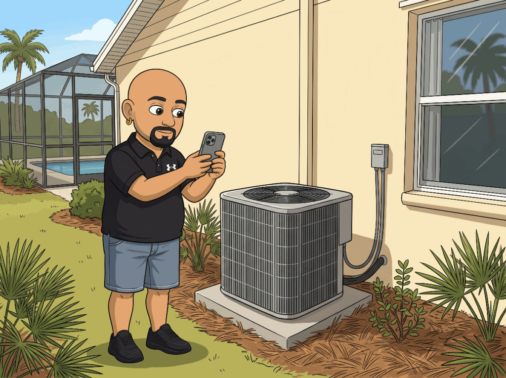 Outdoor HVAC condensing unit inspected during a four point insurance inspection