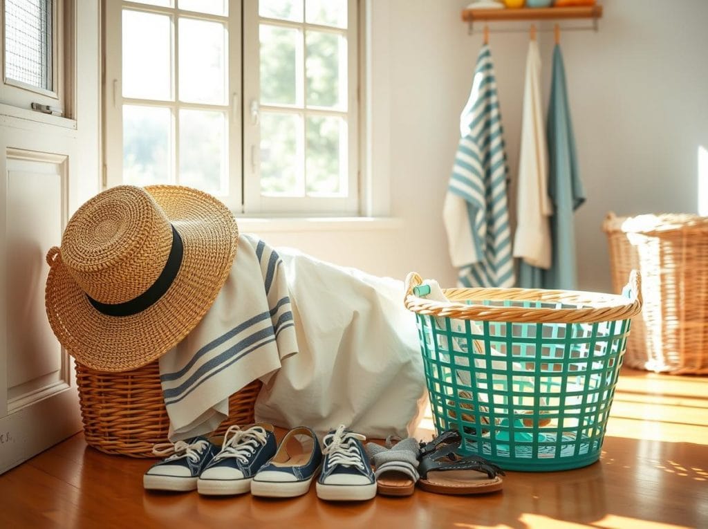 夏ものの帽子やサンダルを洗濯する準備