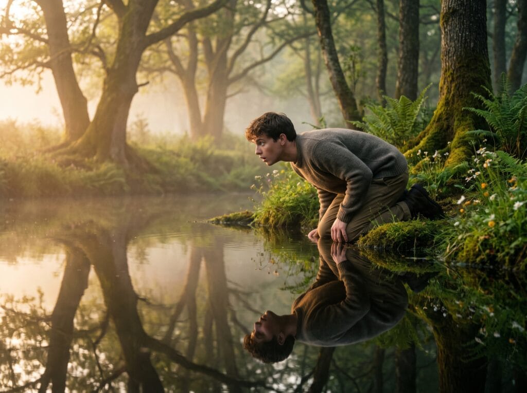 Narcisista: o que realmente está por trás de quem parece amar apenas a si mesmo? 2 Man kneeling at lake 2K 202607131525