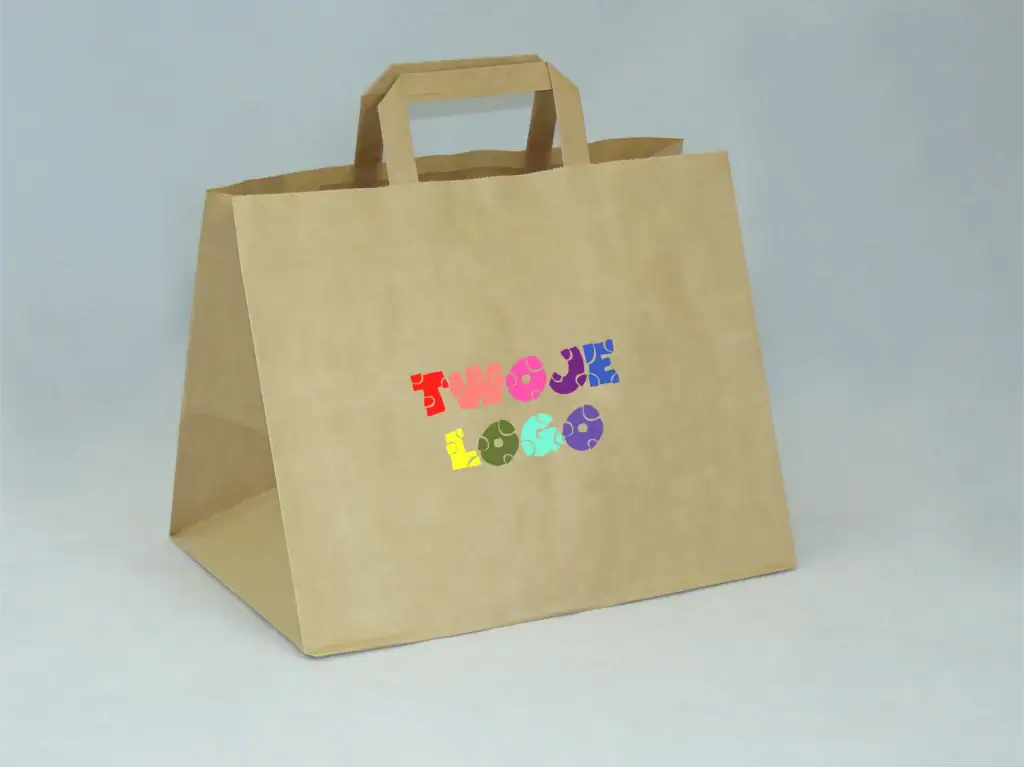 Torba Z Nadrukiem 32x22x25 Beżowa - Awih - Torby I Opakowania Torba papierowa z szerokim dnem, płaskim uchwytem i nadrukiem