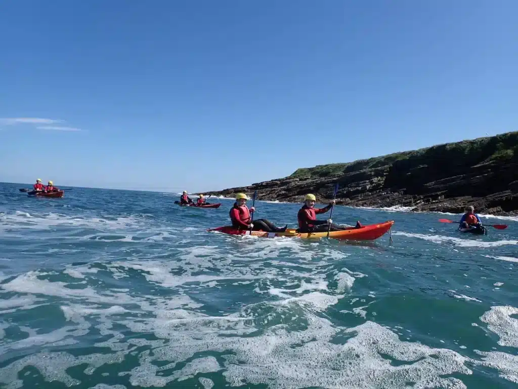 Group kayaking near rocky coastline.