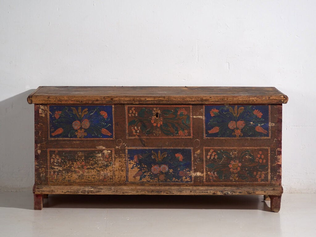 Antique wooden chest with blue floral panels (Year 1905) #99