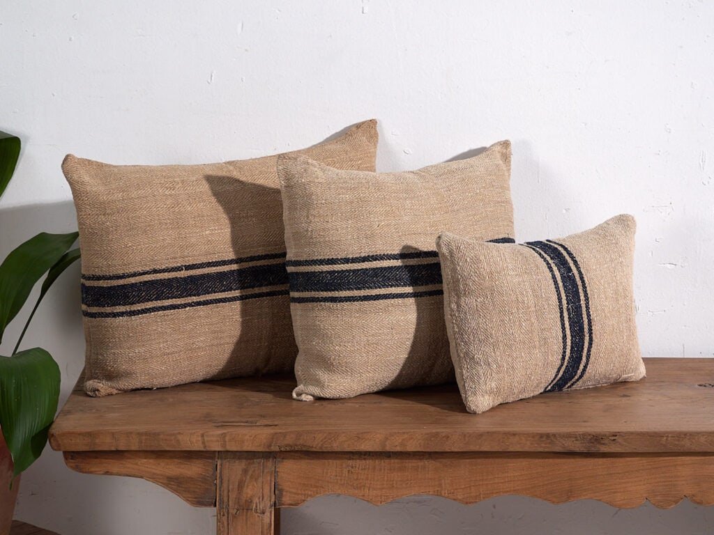Antique linen cushion with dark blue stripes #4