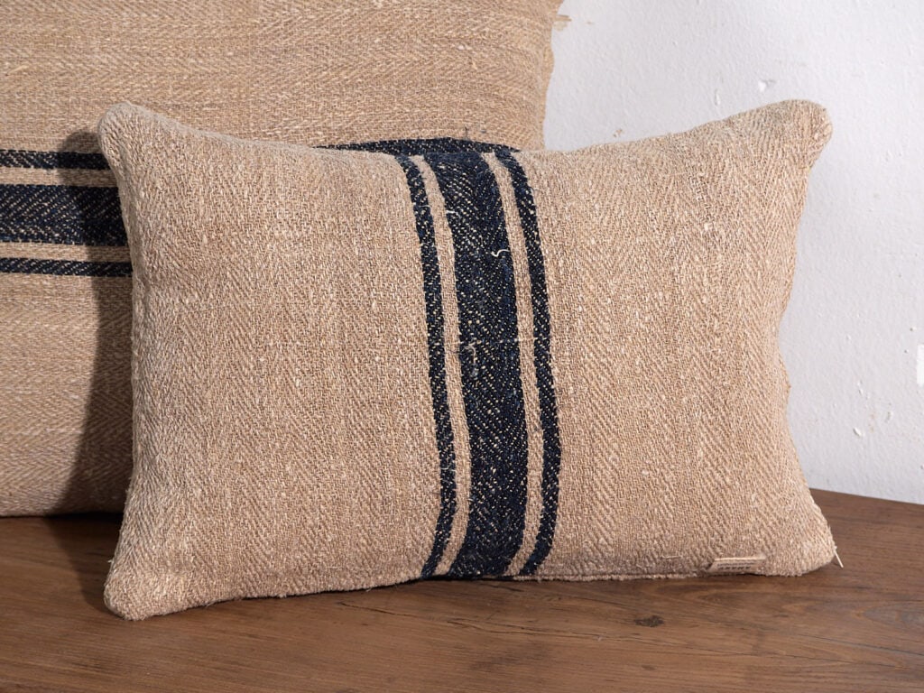 Antique linen cushion with dark blue stripes #4