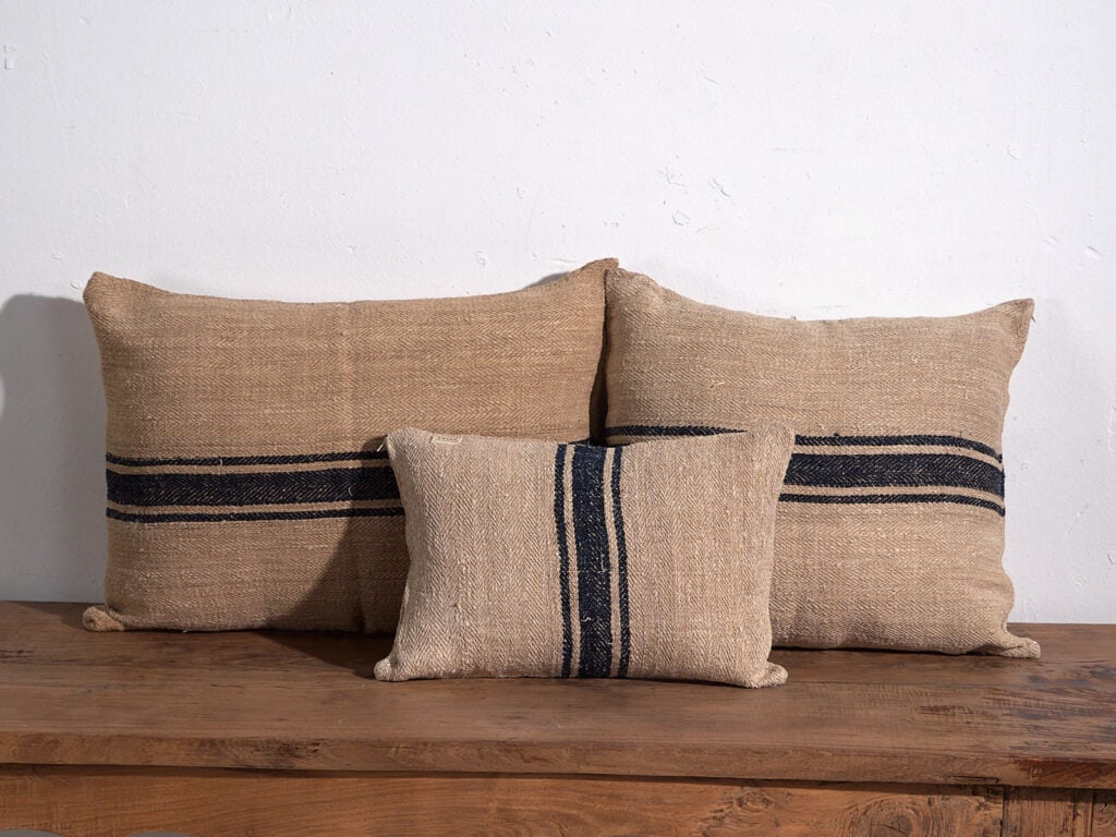 Antique linen cushion with dark blue stripes #4