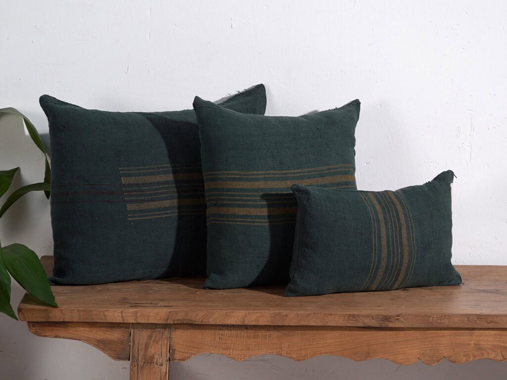 Antique green linen cushion #1