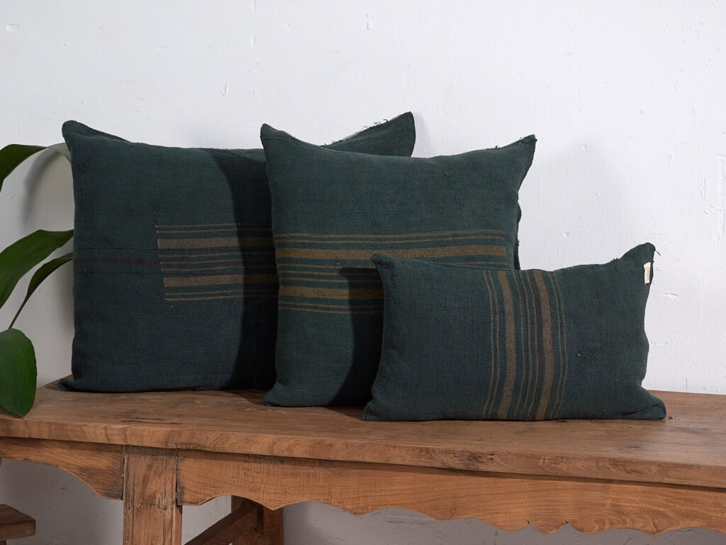 Antique green linen cushion #1