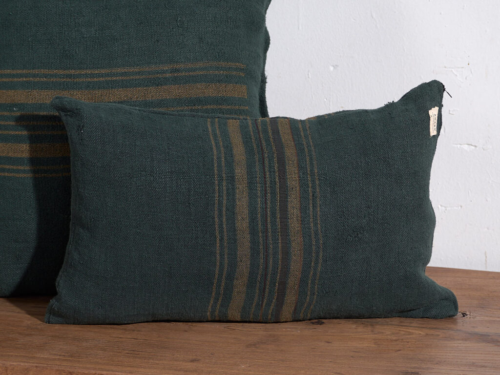 Antique green linen cushion #1