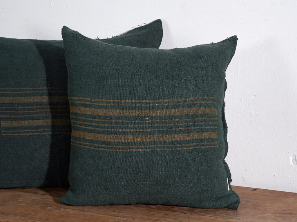 Antique green linen cushion #1
