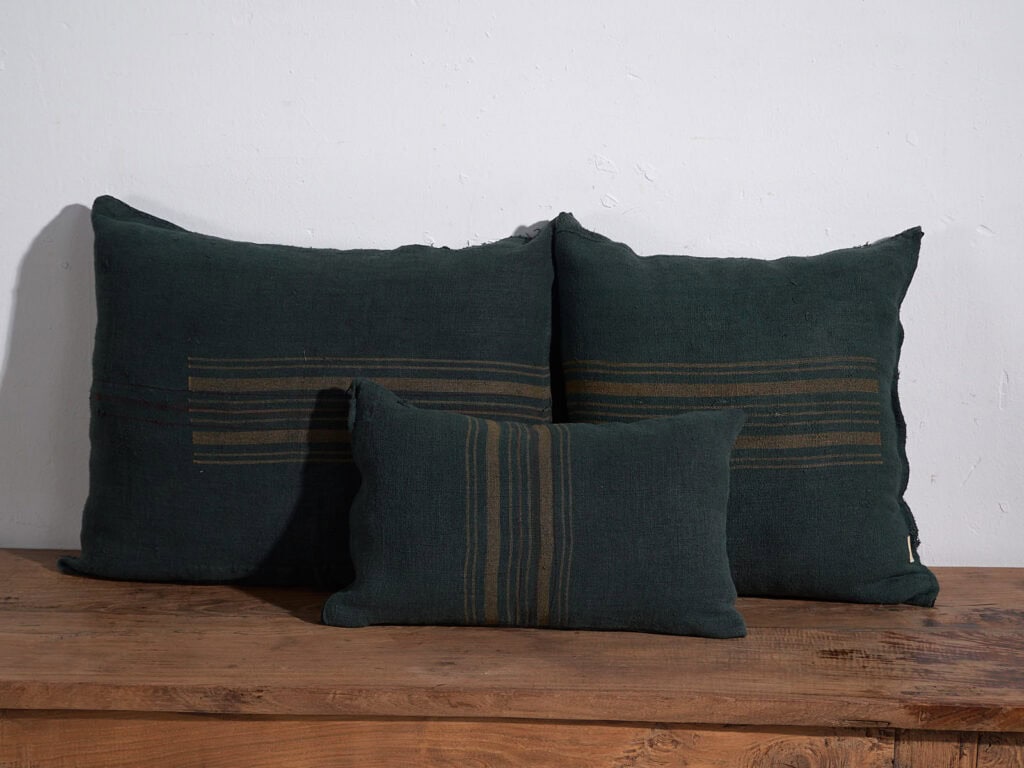 Antique green linen cushion #1