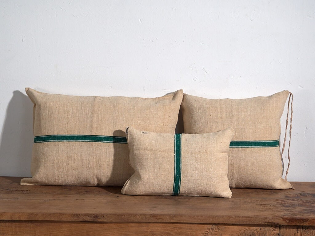 Antique linen cushions with green stripes #1