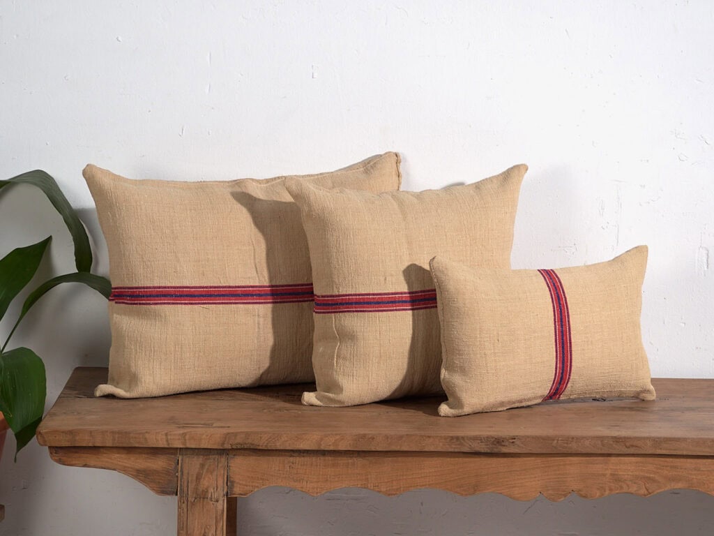 Antique linen cushions with red and blue stripes #2