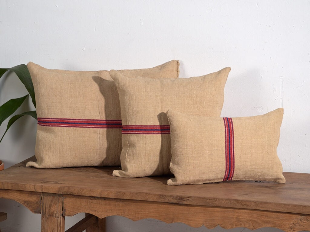 Antique linen cushions with red and blue stripes #2