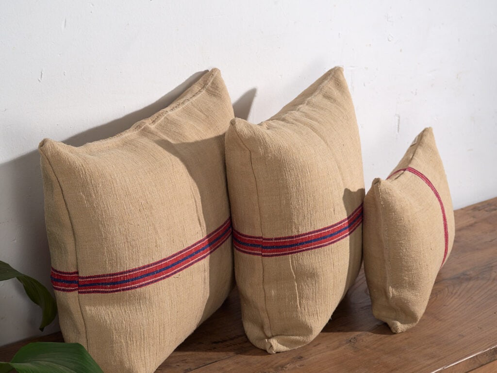 Red and blue striped antique linen cushions #2