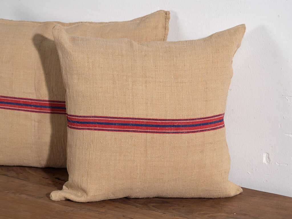 Red and blue striped antique linen cushions #2