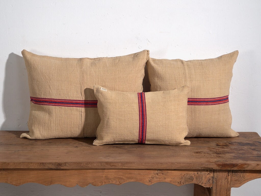 Antique linen cushions with red and blue stripes #2