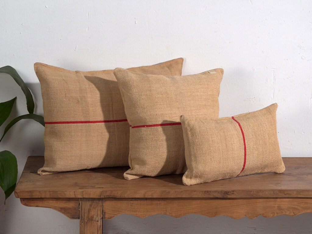 Antique linen cushions with red stripes #3