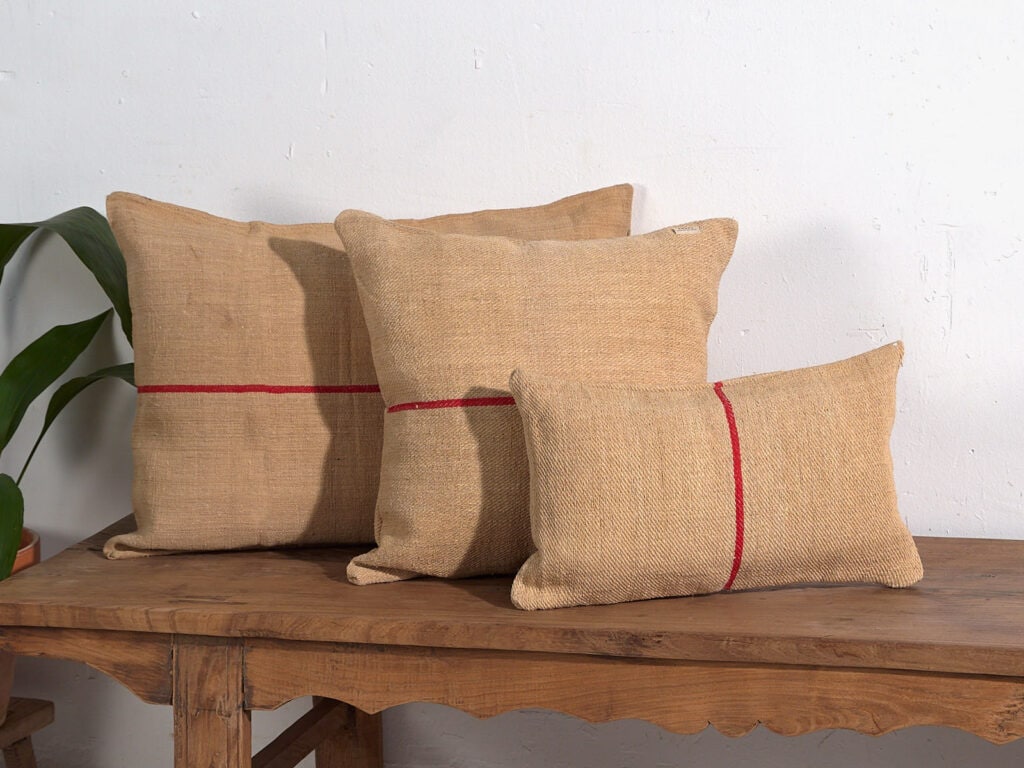 Antique linen cushions with red stripes #3